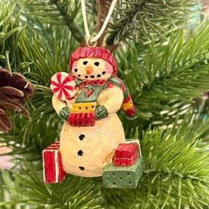 Pam Schifferl Folk Art Snowman with presents ornament